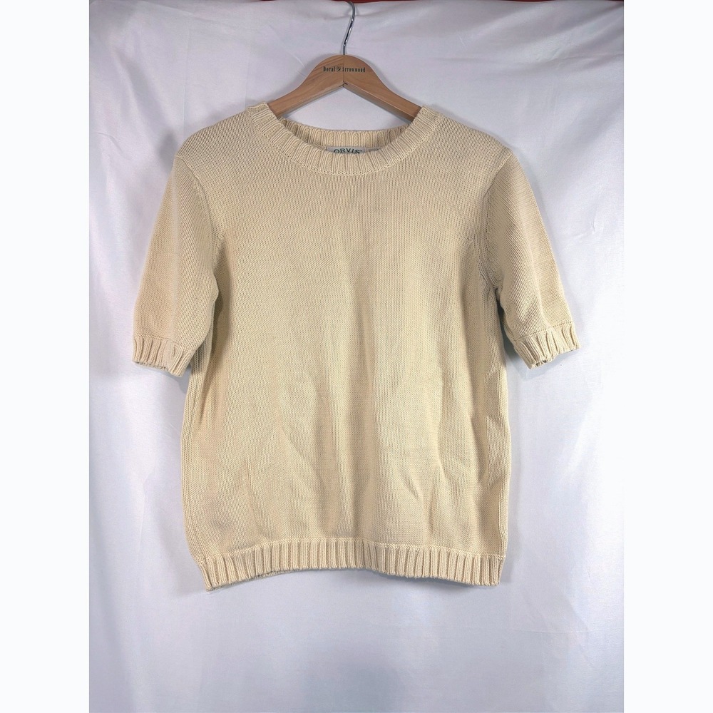 Orvis Vintage Short Sleeve Sweater Cream Ivory Heavy Cotton Knit Crew Neck Med